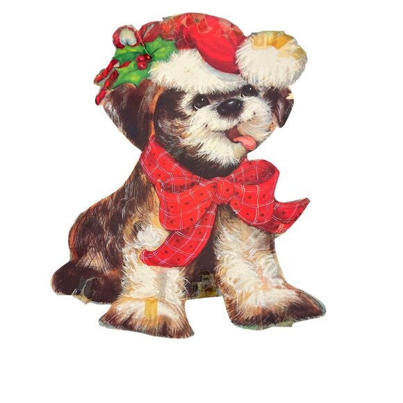 Vintage Eureka Holiday Puppy Dog Die Cut Double Sided Red Bow Hat Holly 15" - Picture 2 of 4